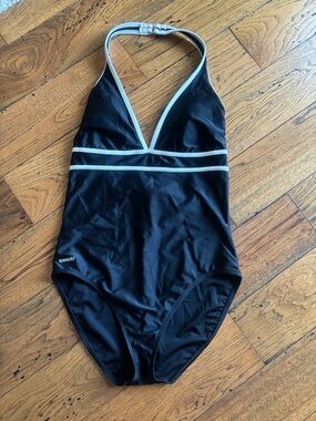 Speedo Black One-Piece Halter Swimsuit with White Trim Women’s Size Medium